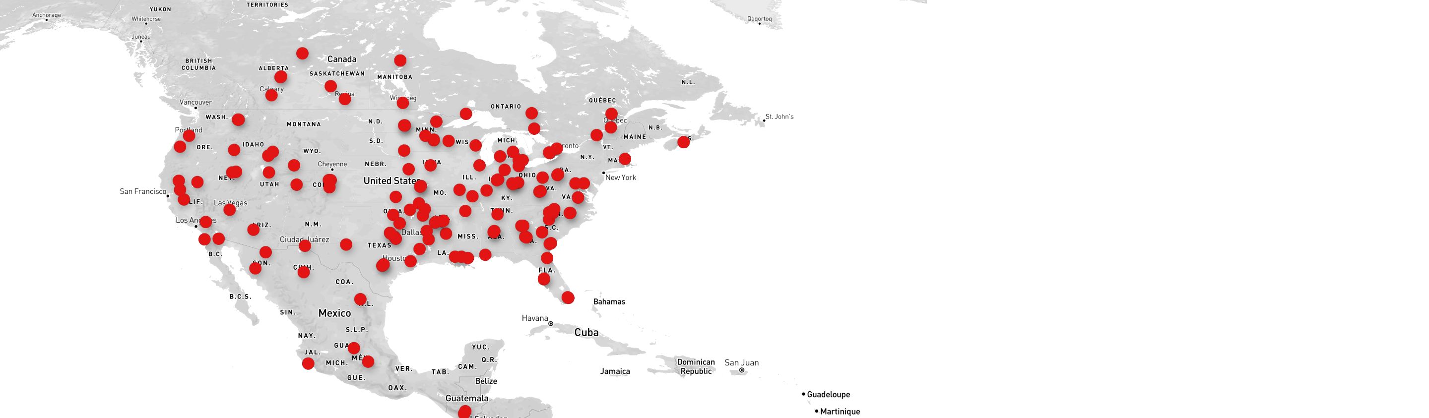 Fenner Dunlop Distribution Network markers on the US map